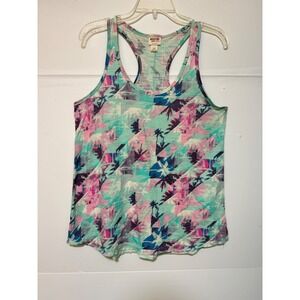 VTG Mossimo Racerback Tank Top Women L Teal Pink Palm Tree Tropical Y2K
